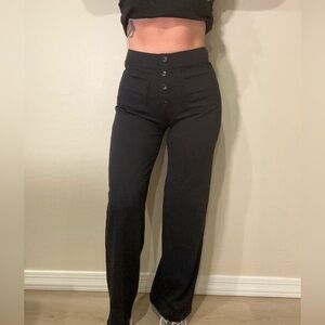 Black High Waisted Stretch Wide/Straight Leg Trousers Button Detail Work Pants